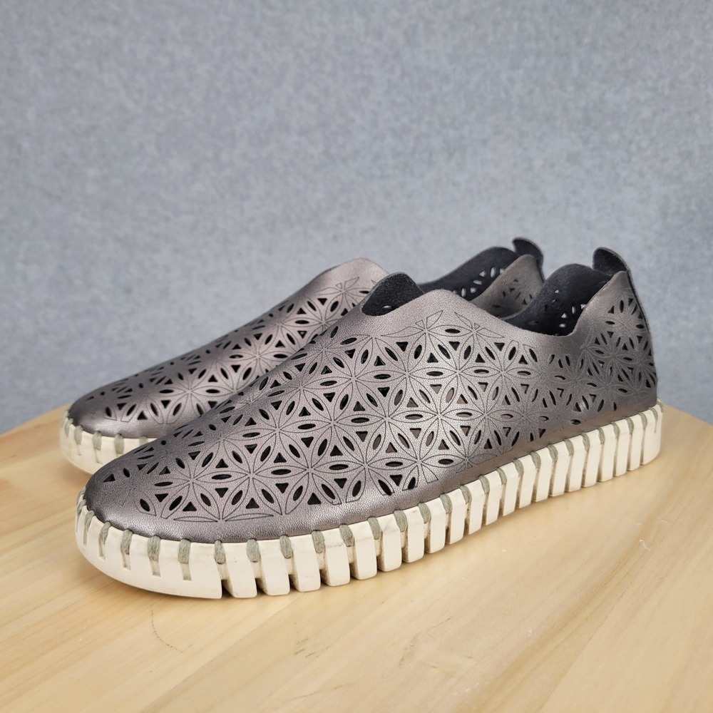 Ilse Jacobsen Tulip Slip On Shoes Women 41 Pewter Metallic Laser Cut Loafers